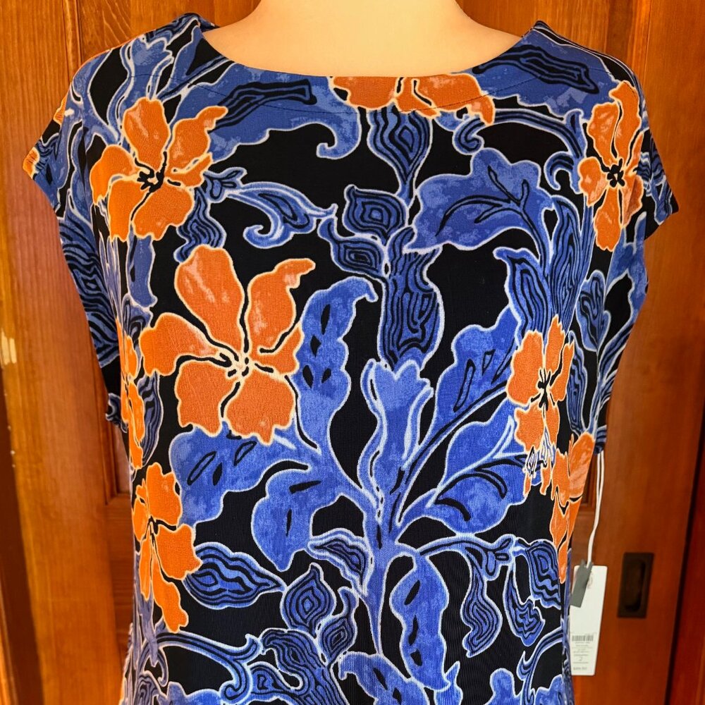 Chico's Travelers Las Olas Elegant Tunic SS Top Blue Grotto, Sz 2 (12), NWT